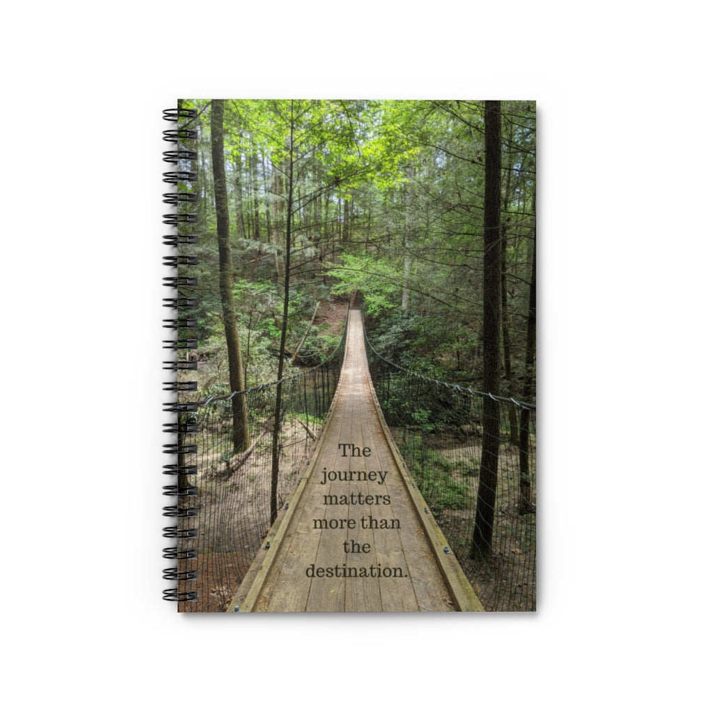swinging bridge at Cumberland Mountain State Park in Crossville, Tennessee, with the quote "The journey matters more than the destination"