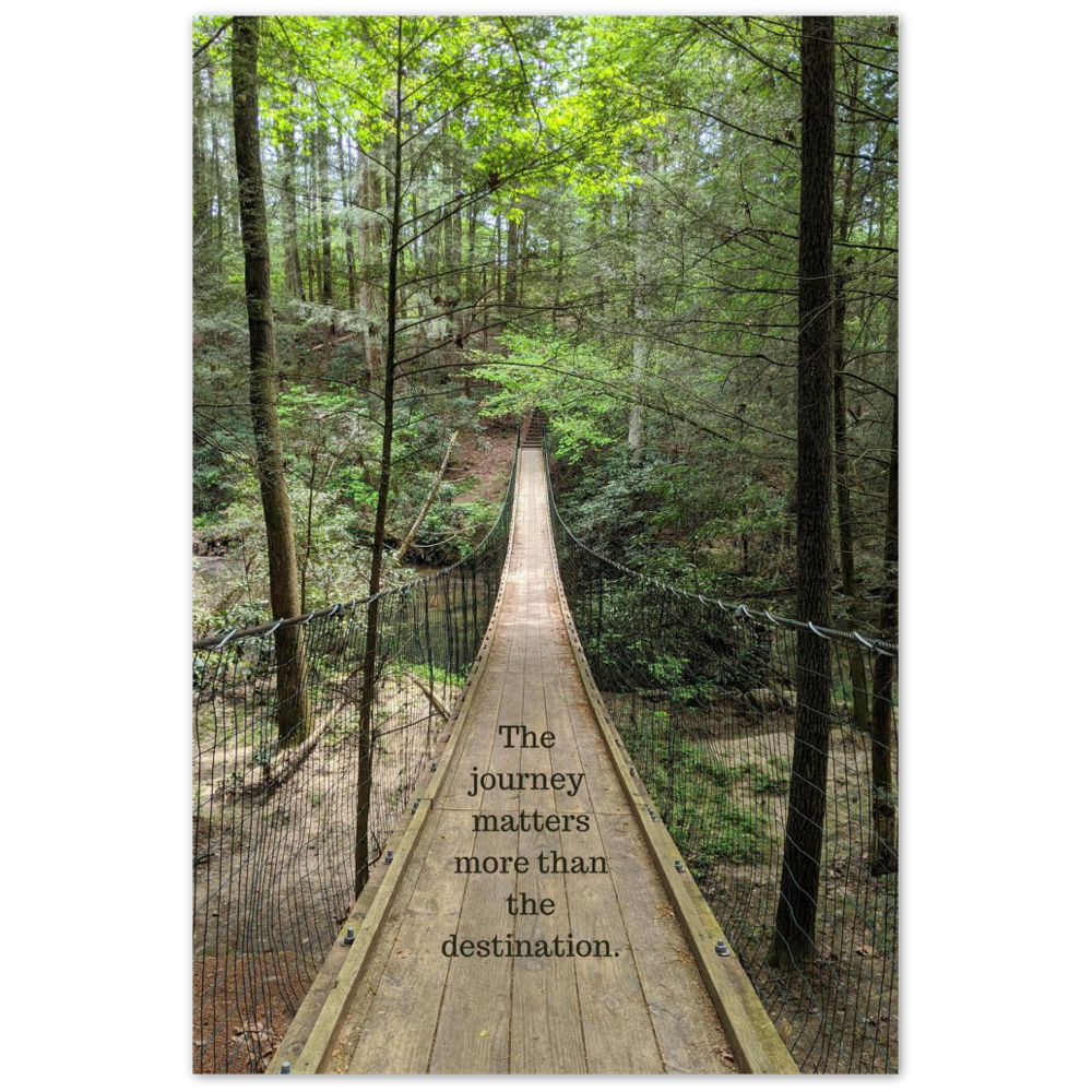 swinging bridge at Cumberland Mountain State Park in Crossville, Tennessee, with the quote 
