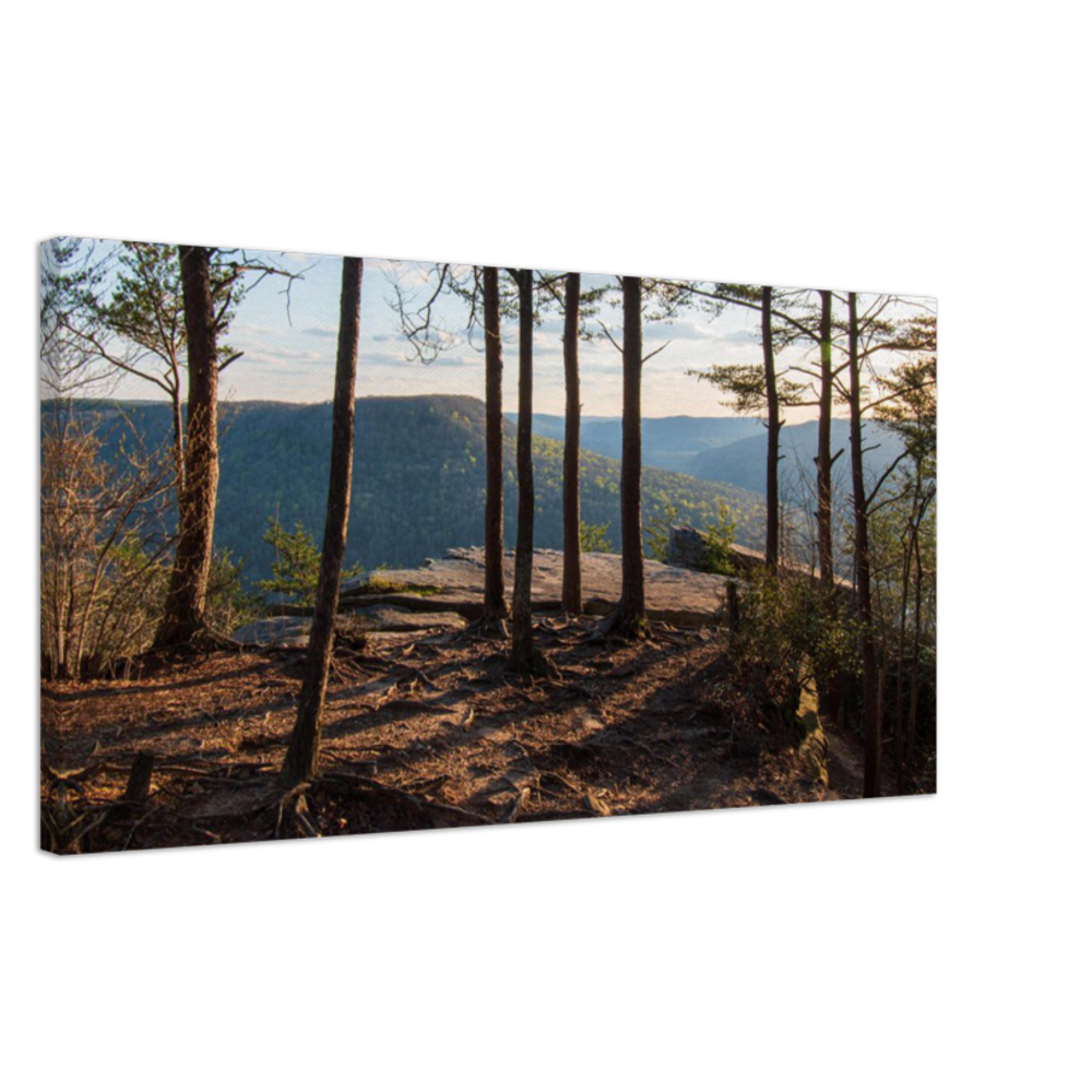 Mountain views through trees at Welch Point in Sparta, Tennessee during golden hour