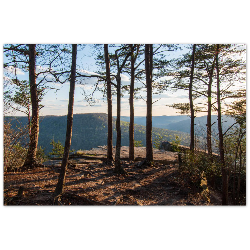 Mountain views through trees at Welch Point in Sparta, Tennessee during golden hour