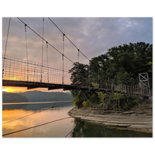 Load image into Gallery viewer, Swinging bridge on Dale Hollow Lake at Pleasant Grove Recreation Area in Celina, Tennessee at sunrise
