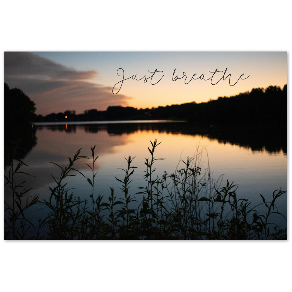 Cane Creek Park lake sunset, Cookeville, Tennessee with quote "just breathe"