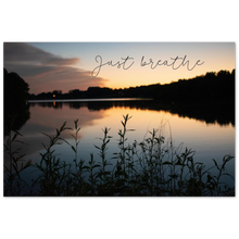 Load image into Gallery viewer, Cane Creek Park lake sunset, Cookeville, Tennessee with quote &quot;just breathe&quot;
