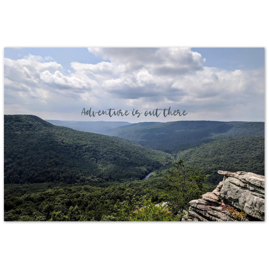 Mountain views at Welch Point in Sparta, Tennessee with quote "adventure is out there"
